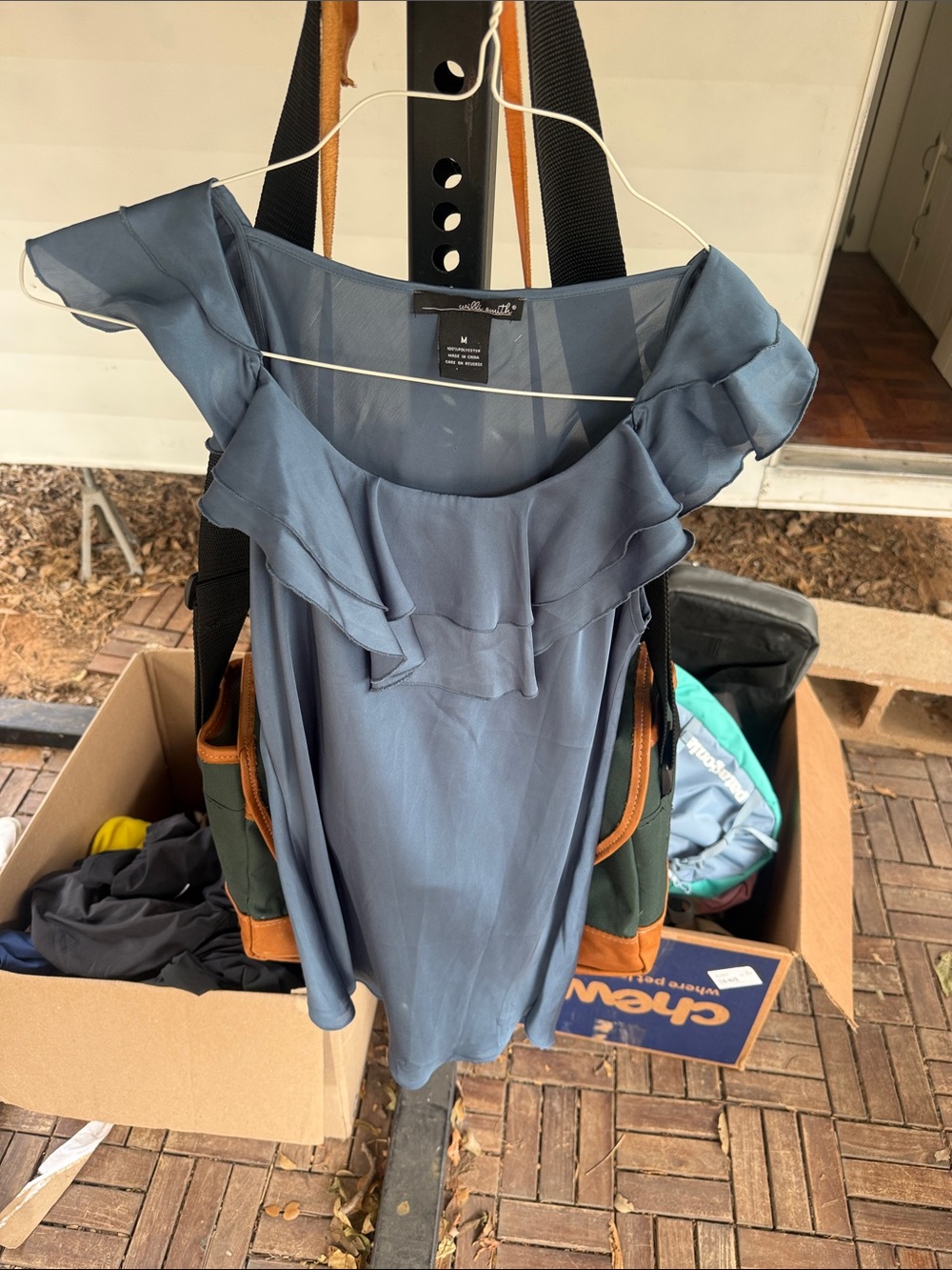 Willi Smith Dusty Blue Ruffled Off-Shoulder Blouse